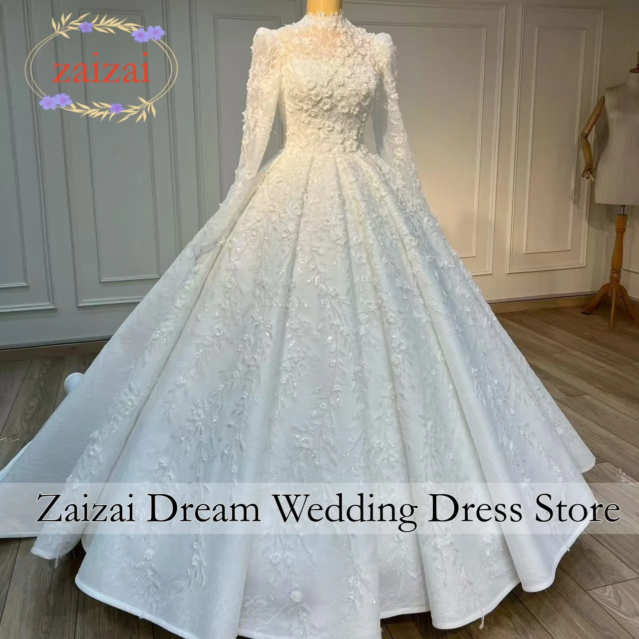 Maßgeschneiderte Luxuriöse 3D Blumen Hochzeitskleider Hochgeschlossene Braut-Ballkleider Lange Ärmel Prinzessinnen-Brautkleid Vestidos De Novia