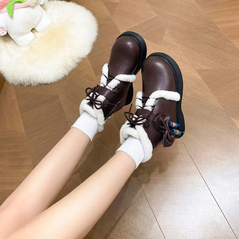 ORCHA LISAFashion أفخم حذاء من الجلد الدافئ جولة تو 2.5 سنتيمتر كعب منخفض سستة الدانتيل يصل Bowknot حجم صغير 31 32 33 طالب الأحذية