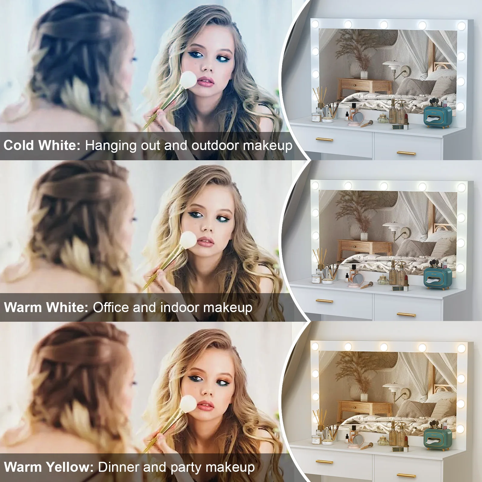 طاولة تزيين بيضاء مع مرآة هوليوود كبيرة 11 لمبة LED للمكياج والمكتب #3