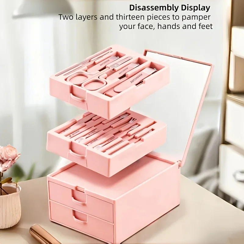 13pcs Pink Nail Care & Beauty Set with Mirror Nail Clippers Eyebrow Scissors Suitable for Manicure Pedicure Portable Case 4