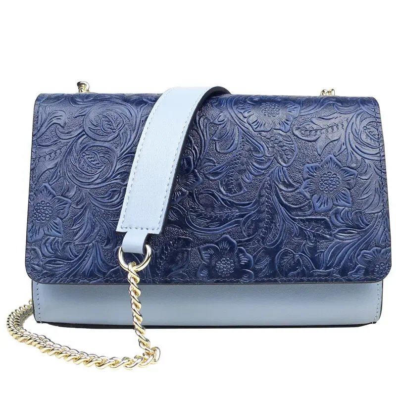 Handmade leather women's shoulder bag first layer cowhide casual versatile messenger bag Chinese style engraved chain bag