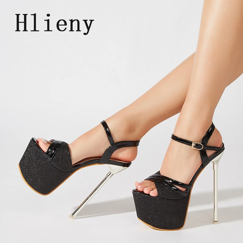 

Hlieny Silver Sequin Cloth Open Toe Sandals Women Extreme Platform Stiletto High Heels Buckle Strap Pole Dancing Party Prom Shoe