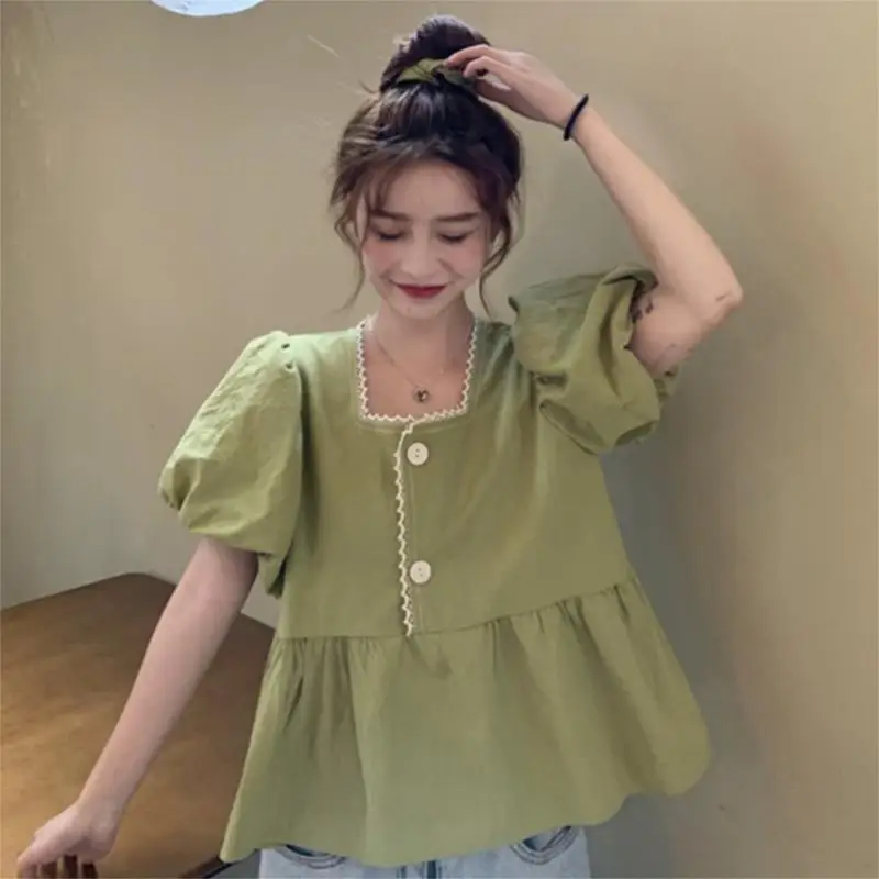 Korean Puff Sleeve Loose Blouse Sweet Lace Patchwork 2024 Summer Fashion Button Women\'s Clothing Solid Color Square Collar Shirt