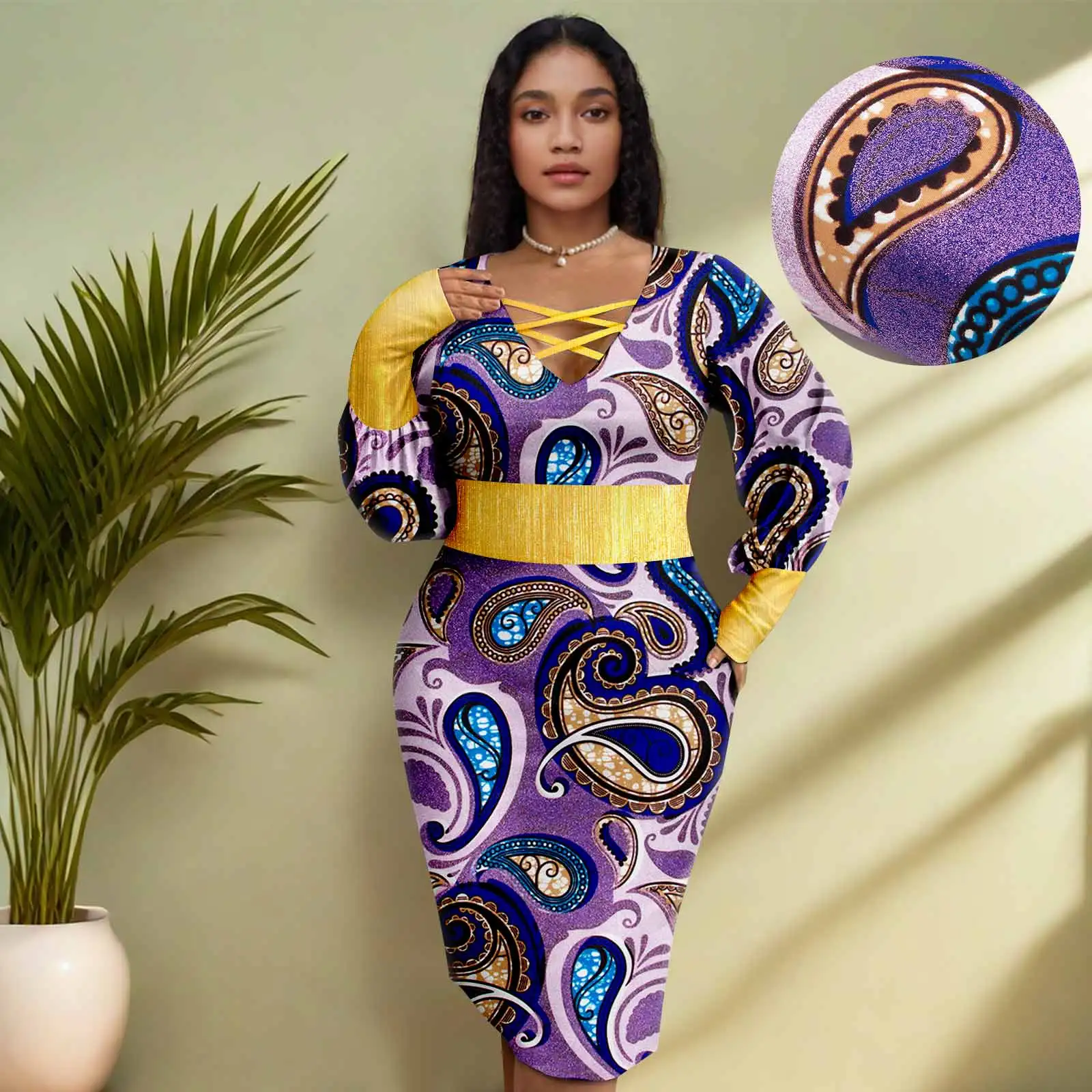 Abito da donna stampato Africa Ankara Abiti sexy a maniche lunghe impreziositi da paillettes dorate con scollo a V 2425147