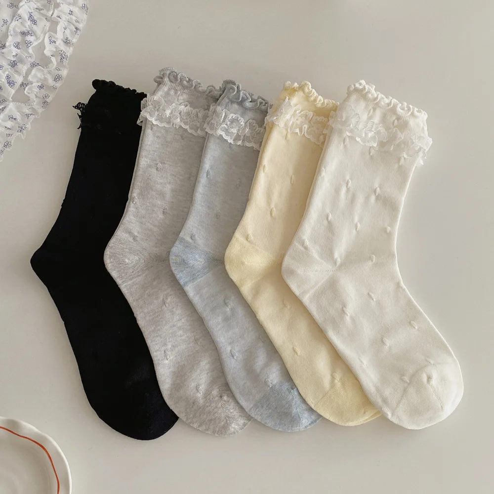 

Lace Ruffle Socks Women JK Japanese Style Solid Color Cotton Long Socks Ballet Style Sweet Girls Lolita Kawaii Cute Ruffle Socks