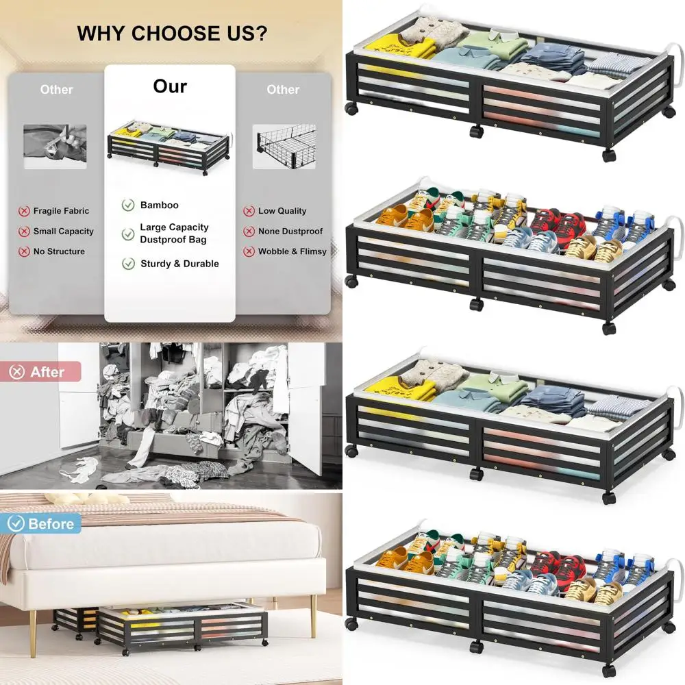 

Large Bamboo Underbed Storage Containers with Wheels, Stackable for Shoes, Clothes, Books, Bedding (2 Pack, Black, 33.07L×16.54W