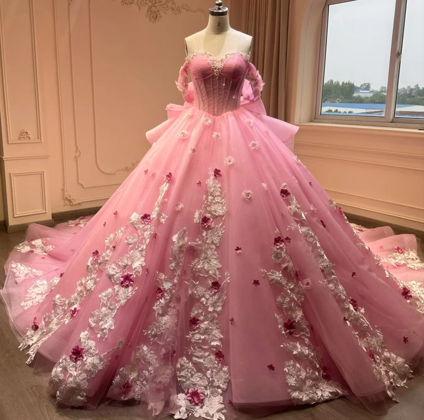 

Сексуальные розовые платья Quinceanera без бретелек, роскошные 3D кружевные сверкающие украшения из бисера, бальное платье Vestido De Quince Robe по индивидуальному заказу