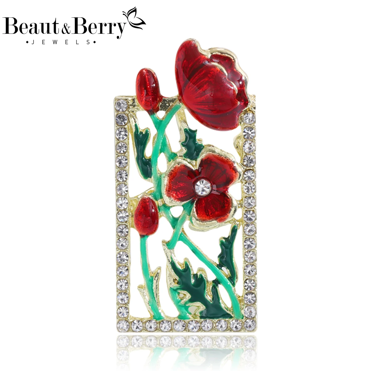 Beaut&Berry Trendy Rhinestone Frame Design Flower Brooches for Women Unisex Plant Pins Casual Party Jewelry Accessories Gifts