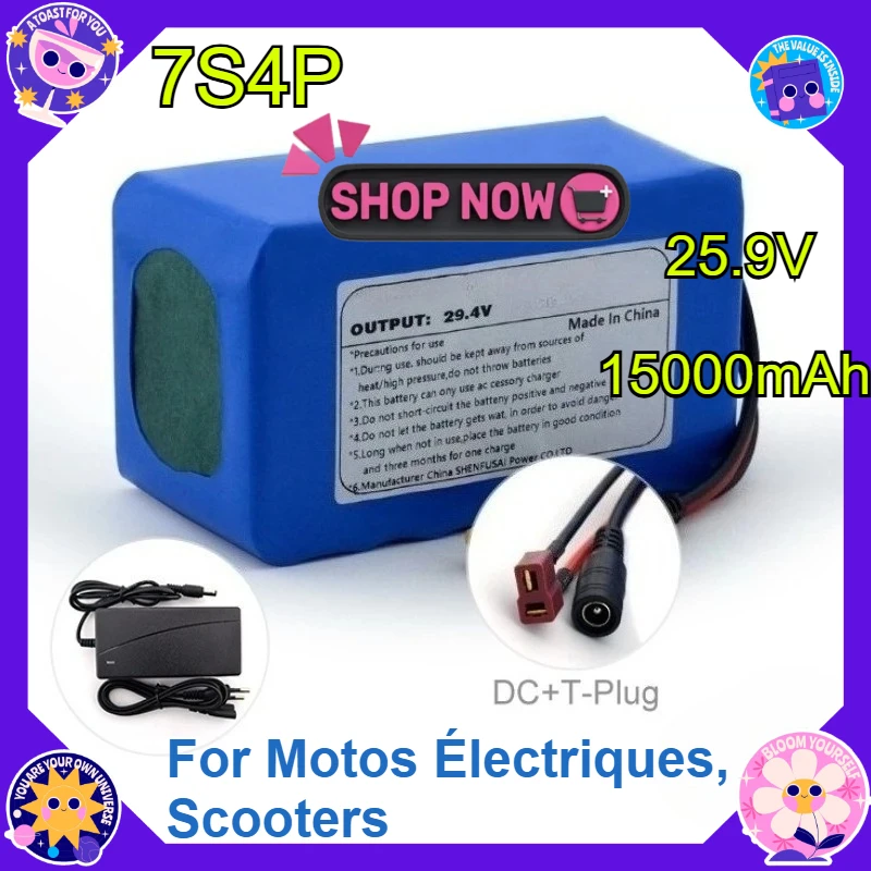 

7S4P For Motos Électriques, Scooters, Jouets Et Véhicules Avec Chargeur BMS + 29,4V New High Quality18650 7S4P 24V 15Ah Battery
