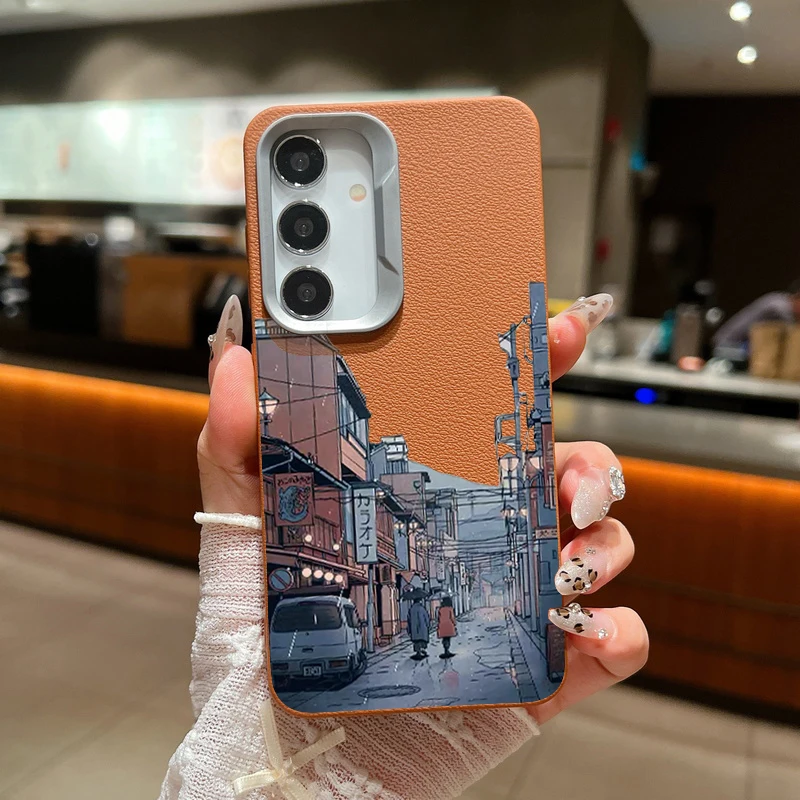 Anime Town Case For Samsung Galaxy A55 A54 5G A35 A25 A15 A16 A52 A53 A14 A34 S20 S21 FE S22 S23 S24 Ultra Leather Texture Case