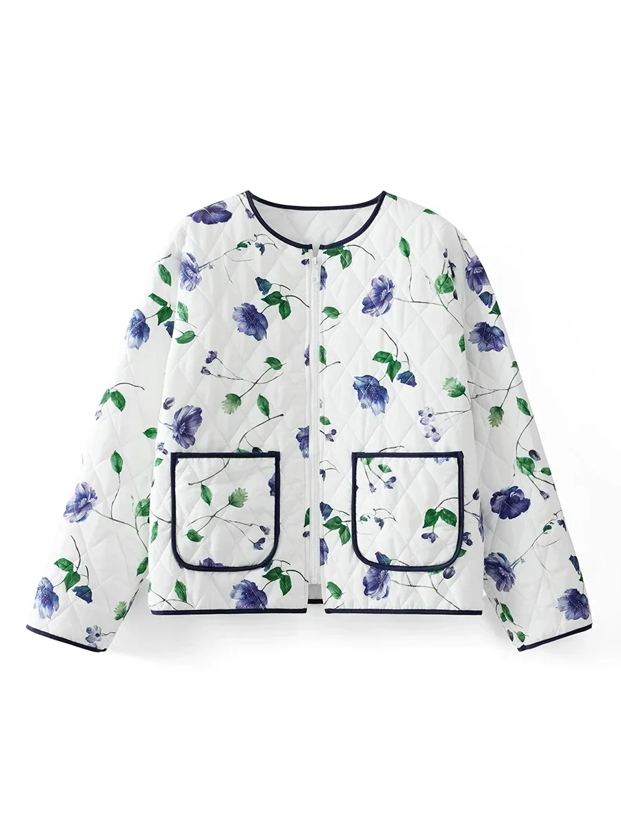 Women\'s Autumn Winter Floral Print Quilted Padded Jackets Collar Zip-up Coats Warm Outwear