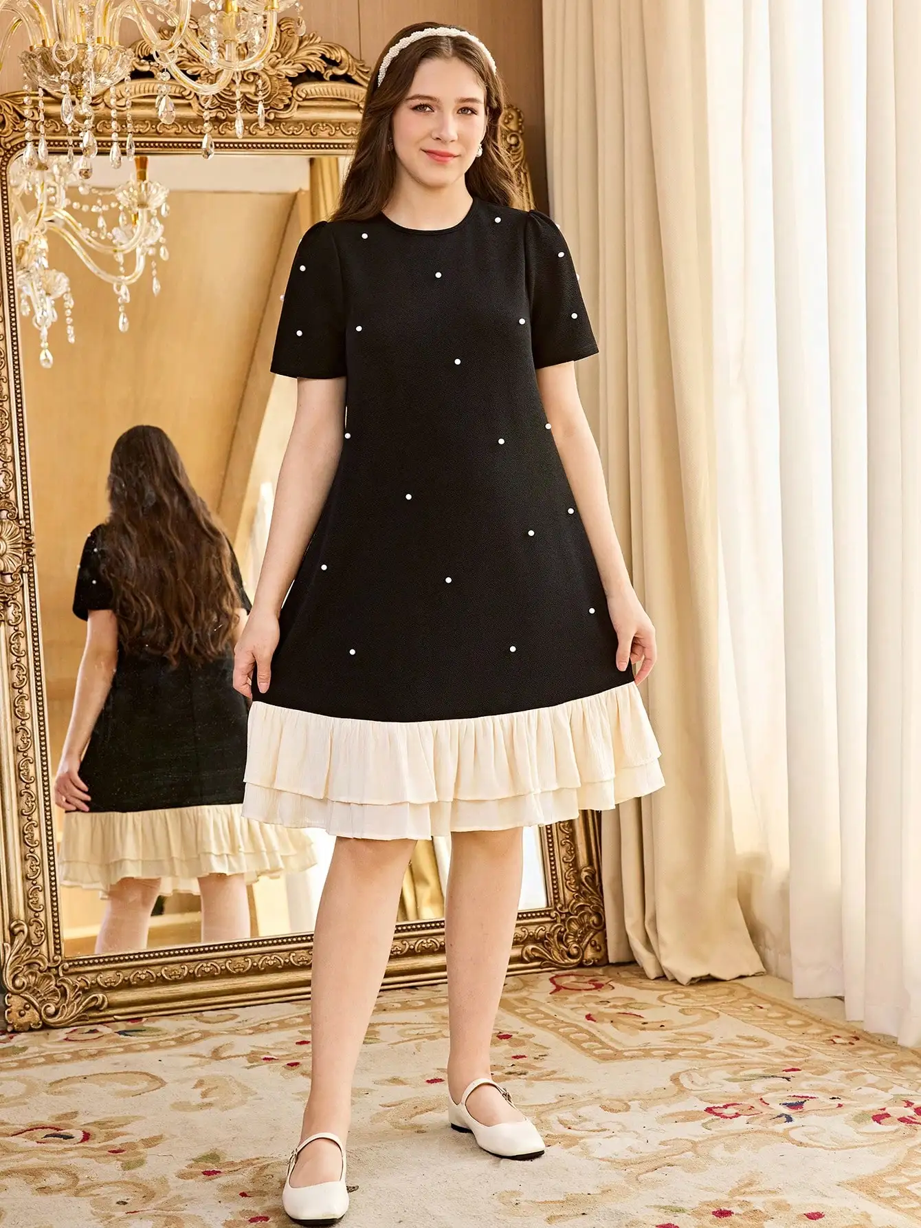 

Элегантное черное платье с круглым вырезом, украшенное бисером, с рюшами по подолу для женщин