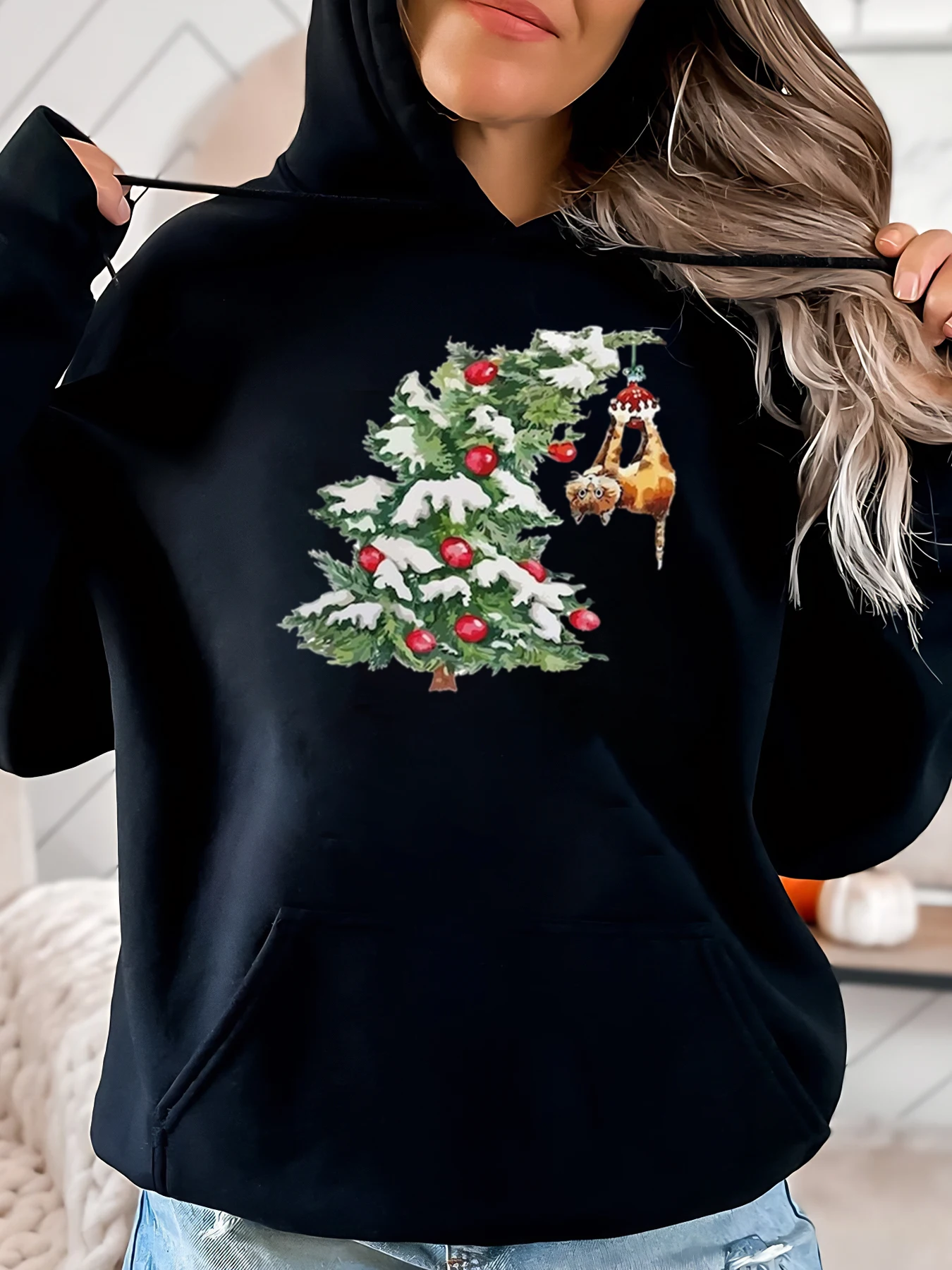 

Christmas Tree and Squirrel Print Holiday Hoodie Women Casual Winter Outfit Black Plus-Size