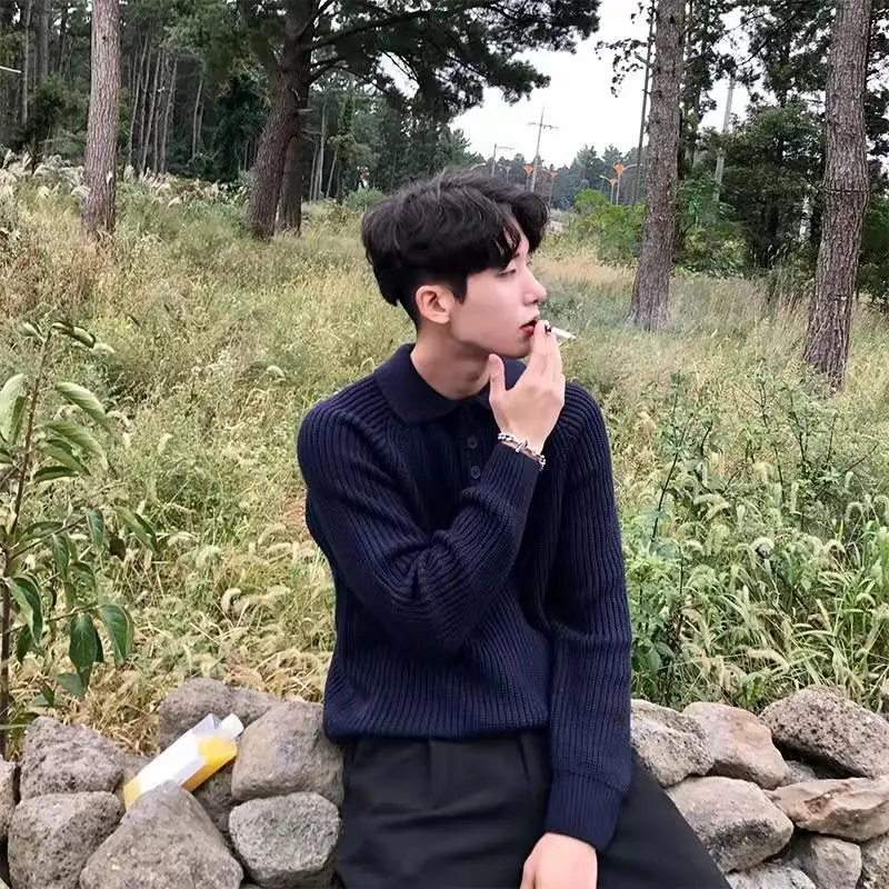 

Мужской однотонный вязаный свитер с воротником-поло на пуговицах, осень-зима, корейский гонконгский стиль, модный свободный повседневный пуловер, рабочий универсальный