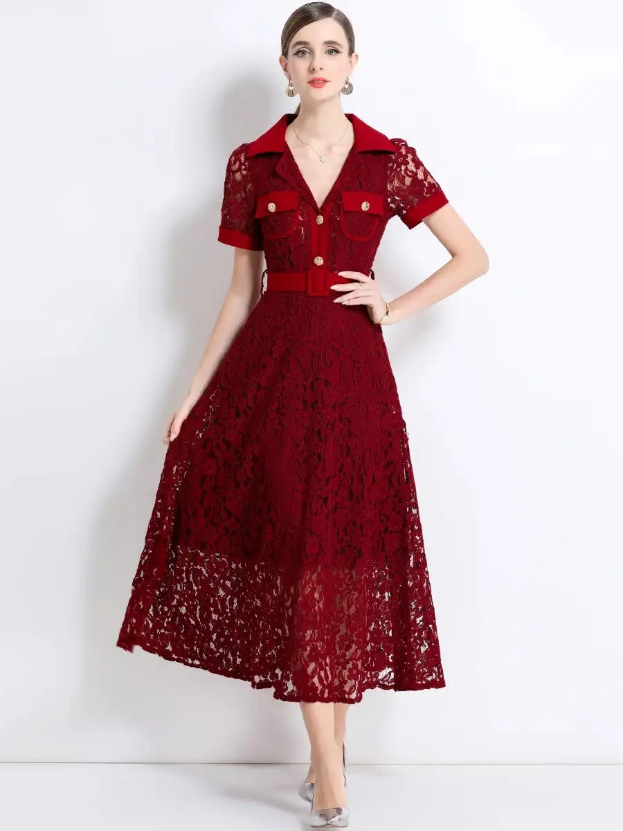 

Luxury Formal Evening Lace Dress Women Summer V Neck Single Breasted Belt Short Sleeve Shirt Style Dresses Party Midi Vestidos