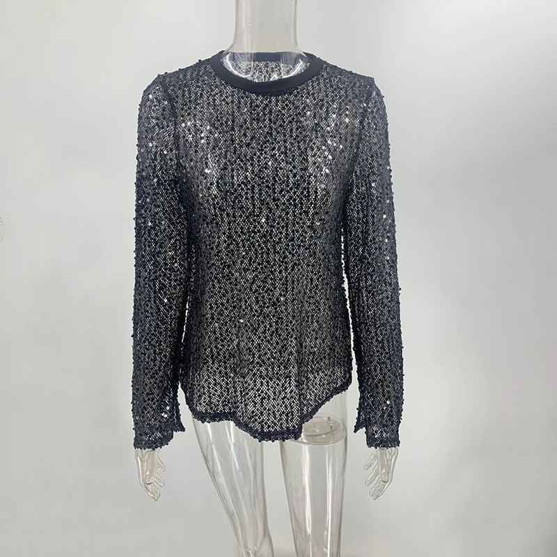BKLD Spicy Girl Trend Nightclub Glitter Paillettes Maglia Manica lunga Slim Fit Girocollo Pullover casual Top sexy Abito classico da donna