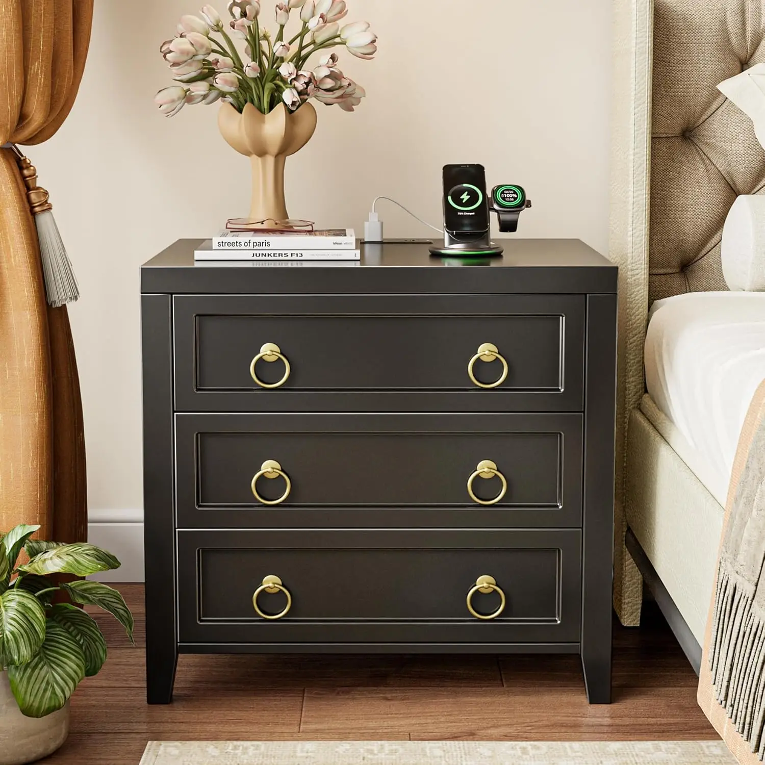 23.6" Nightstand Charger USB-C 3 Drawer Large Modern Bedroom Side End Table, Customized