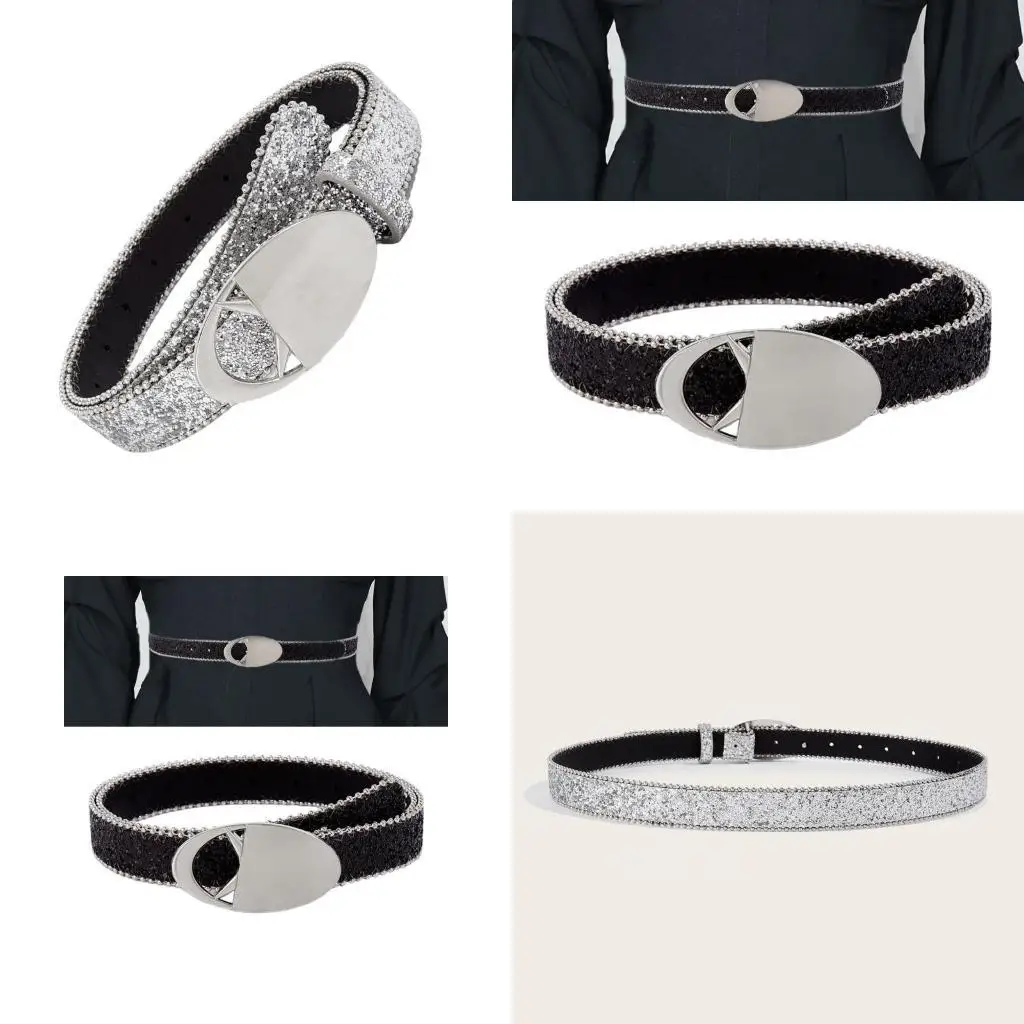 

652F Metal Buckle Belt for Adult Sequined Waistband All Matching Glittering Sequined Waist Belt Pants Belt Waist Decors