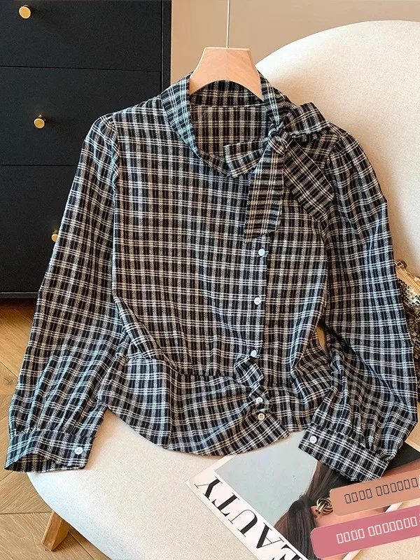 

Guangzhou Thirteenth Fac Women's Irregular Plaid irt Early Autumn New Single Button Versatile Long Sve Top