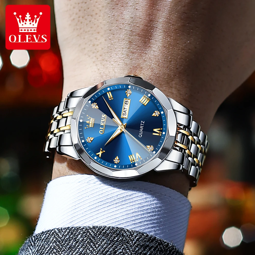 OLEVS-Reloj de pulsera de cuarzo para hombre, cronógrafo Original, luminoso, resistente al agua, superficie prismática, espejo, fecha, semana,