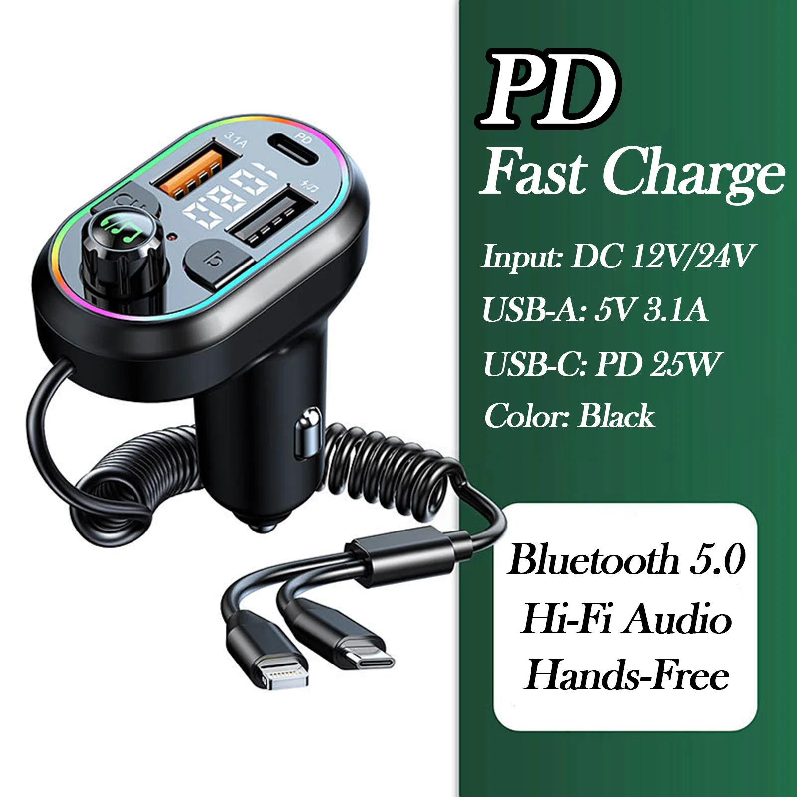 

Автомобильное зарядное устройство с двумя портами мощностью 25 Вт — быстрая зарядка PD и интеллектуальный светодиодный дисплей (тип C + USB-A) — совместим с iPhone/Samsung