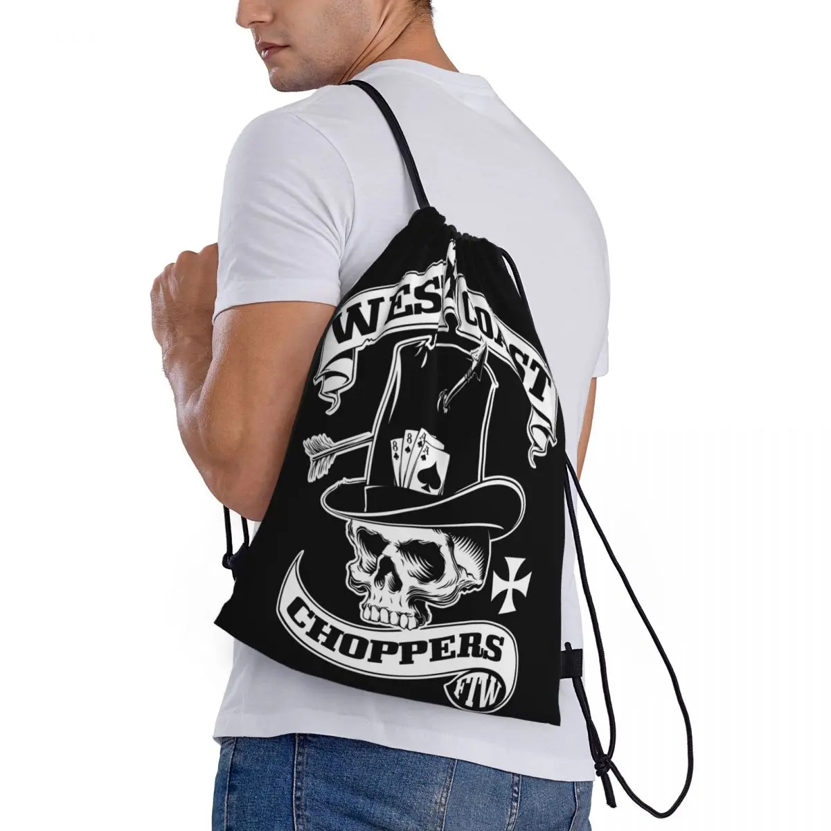 Custom West Coast Iron Skull Choppers Cross Drawstring Backpack Women Men Sport Gym Sackpack Portable Training Bag Sack