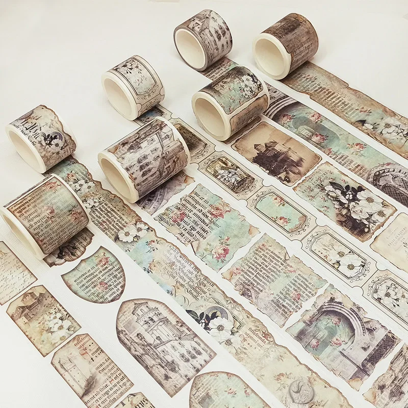 AIKEEN Set pita Washi bunga Vintage 8 gulungan Retro tiket kata-kata pita Masking buku tempel DIY lucu pita Washi perlengkapan alat tulis