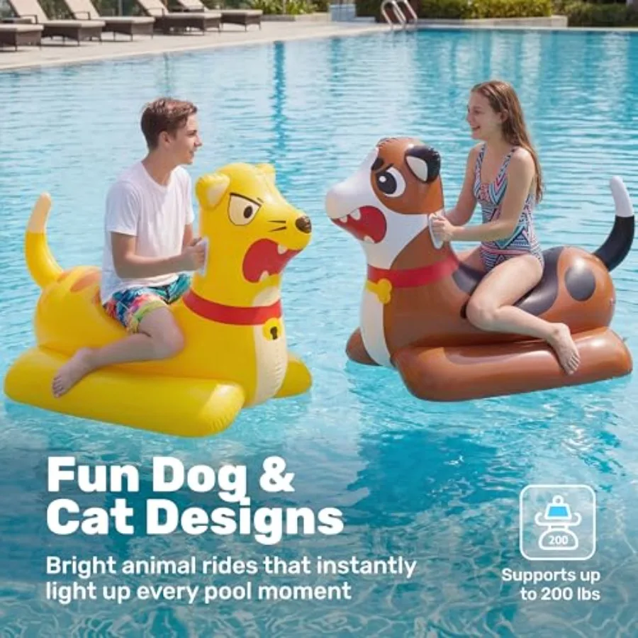 Inflatable Pool Float Battle Game Set for Outdoor Swimming Party: Giant Ride-On Kitten Puppy, PVC, Blue Pink, Durable Fun