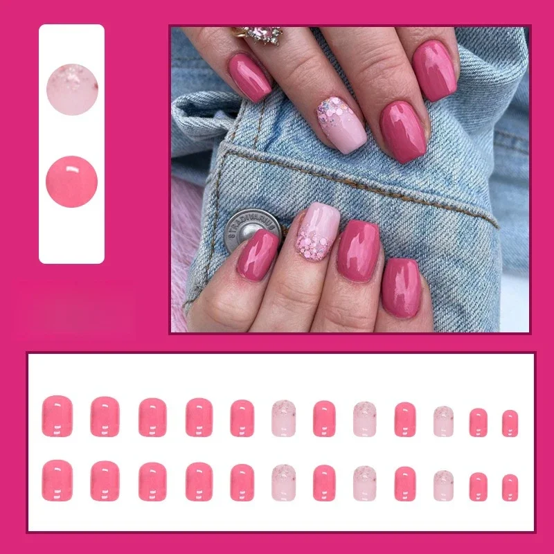 24Ps/Set Sweet Girl Ins Style Fake Nails Aurora Glitter Acrylic Press on Nail Oval Round Head Removable Wearing False Nails Tips