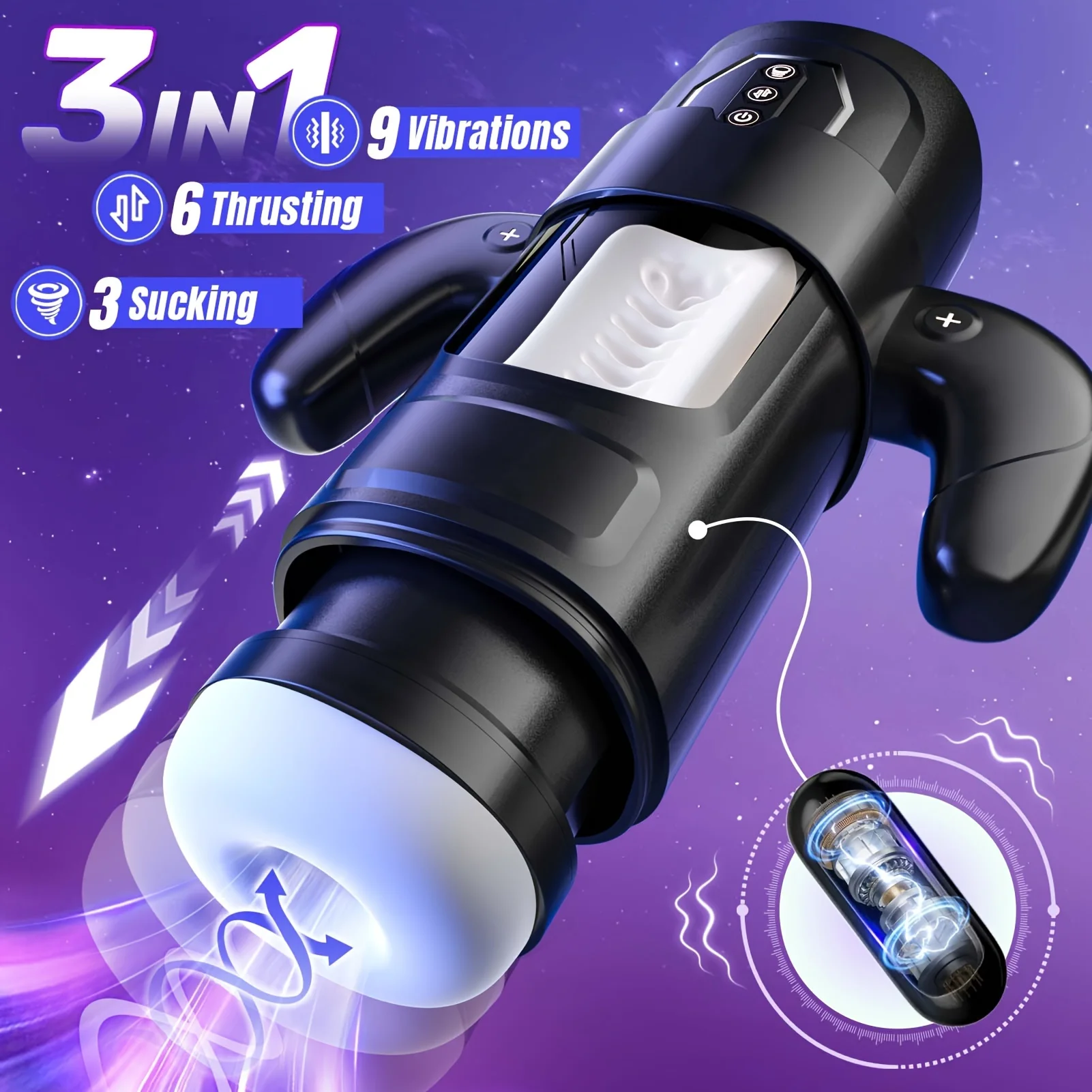 USB قابلة للشحن هزاز التلقائي مص ذكر جهاز استمناء مع مقبض 6 Thrusting و 9 طرق تهتز الرجال الكبار الجنس