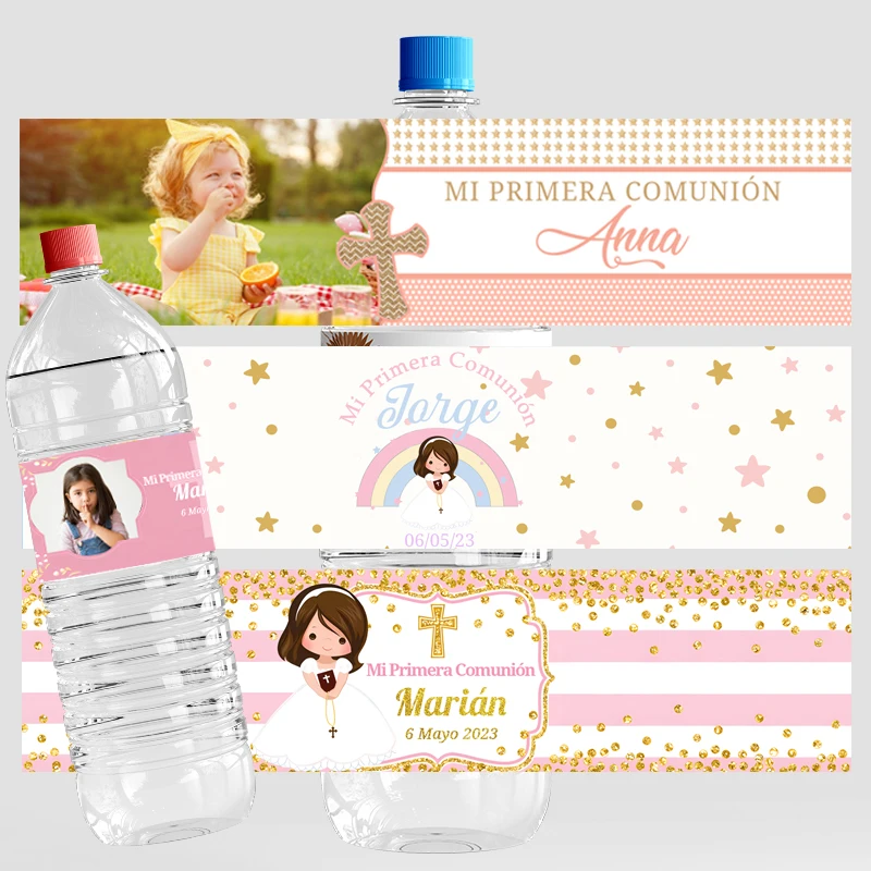 Custom Personalized Mi Primera Comunión Decor Water Bottle Stickers Labels Girl Self-adhesive Customize Baptism Communion Decor