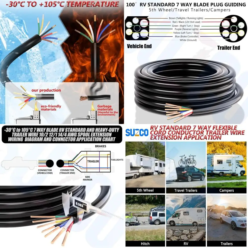 

100FT 7 Way Trailer Wire 10/2 12/1 14/4 AWG Multi Gauge -30°C to 105°C CCA RV Standard 7 Pin Conductor Wire Harness Kit, Fit For