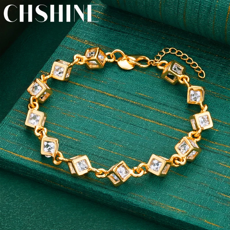 925 Sterling Silver 18K Gold  Cube Square Zircon Chain Bracelet Extension for Women Modern Geometric Party Jewelry Gift