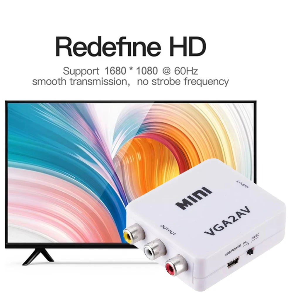 1080P VGA2AV Video Convertor Mini HD VGA to AV Converter with 3.5mm Audio Cable VGA to RCA Video Converter Plug and play