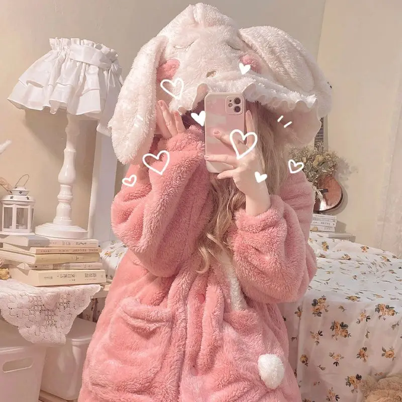 Autumn/winter pajamas female students thickening can wear pajamas outside coral velvet robe lovely rabbit hooded household take