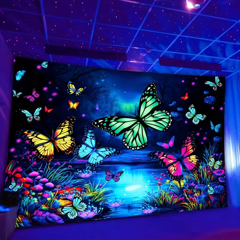 VIKAMA Blacklight Butterfly Tapestry UV Reactive Neon Butterflies Dark Forest Pond Colorful Wall Hanging Wall Art Dorm Decor