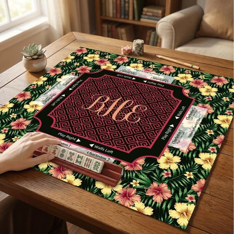 VIKAMA Tropical Hibiscus Floral Mahjong Mat Non Slip Shock Absorb Washable Square Pad American Indoor Play