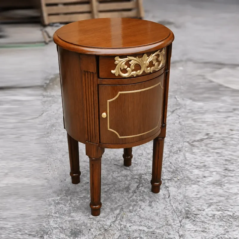 Walnut Round Side Table with Gold Relief Design Multi-functional Sofa End Table Flower Pot Stand Floor Storage Locker