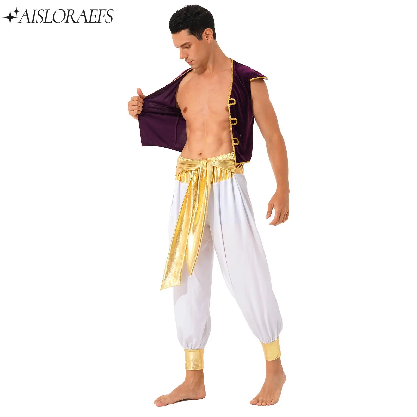 

Adult Mens Arabian Prince Role Play Costume Set Halloween Fancy Dress Ball Outfits Cap Sleeve Waistcoat+Belted Bloomers Pants