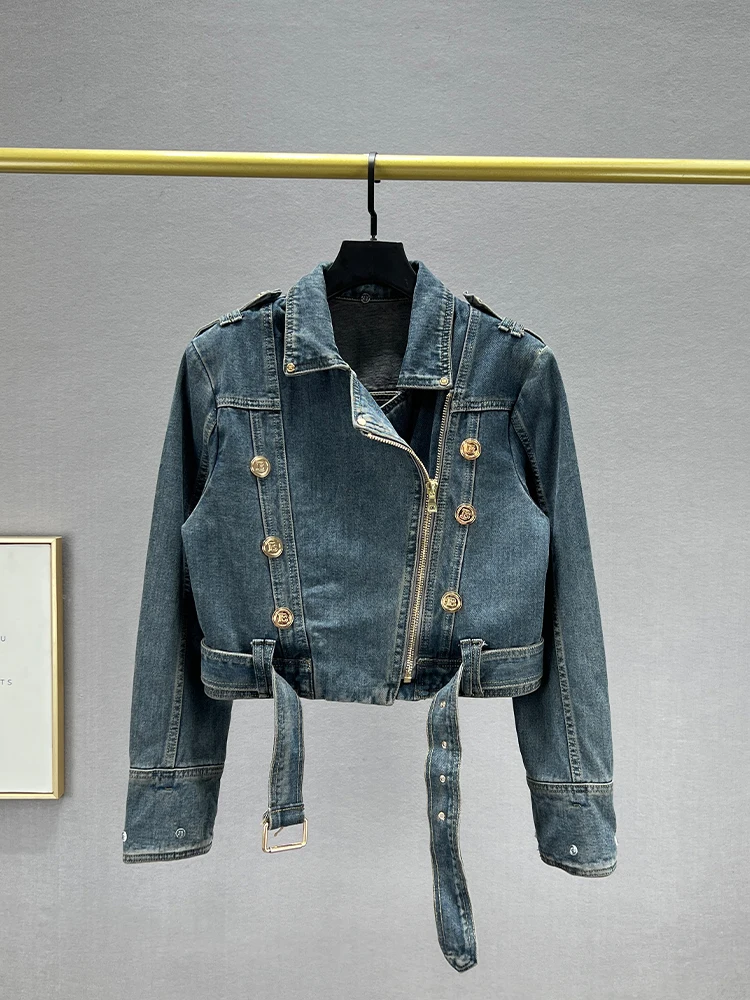 

Женская джинсовая куртка 2023 года, новая осенняя модель, свободного кроя, стройнящая, в европейском стиле INS, с воротником, на молнии, с длинными рукавами, из смесового хлопка