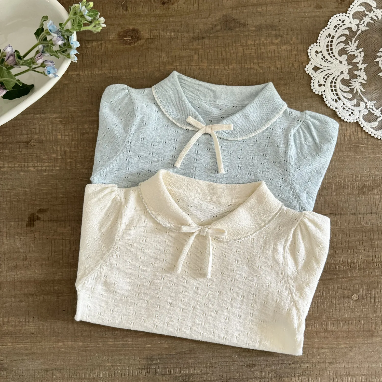 T-shirt Childrens Clothing Girls Lapel Collar Short Sleeved Knitwear Lovely Bow Knot Short Sleeved Tops 2024 Fashion