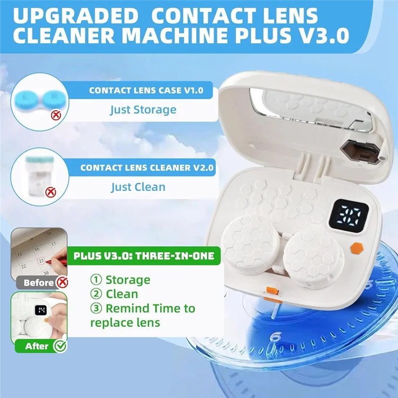 Limpador de lentes de contato com espelho, máquina de limpeza de lentes de contato, limpador de lentes de contato ultrassônico usb para eliminação de lentes macias
