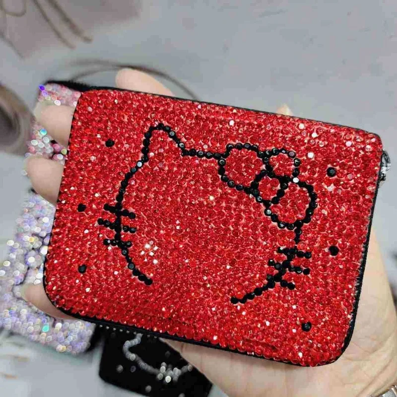 

Hello Kitty Card Bag Cute Anime Women Accessories Diamond Set KT Multi Slot Multi Functional Zipper Handbag Girl Gift Wholesale
