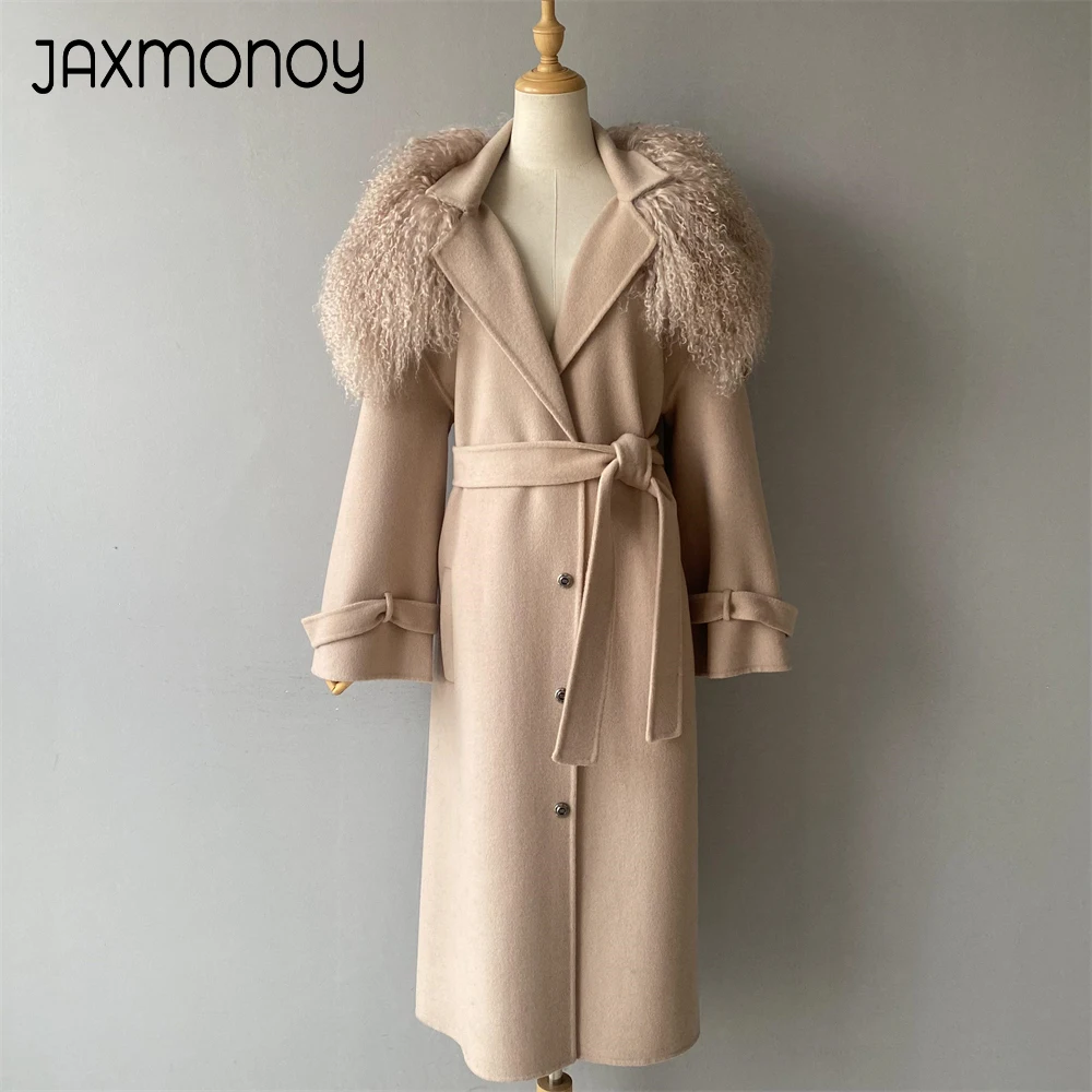 Jaxmonoy Women's Wool Coat with Real Mongolian Sheep Fur Collar Ladies Wool&Blend Coats Long Trench Coat New In Outerwear Winter