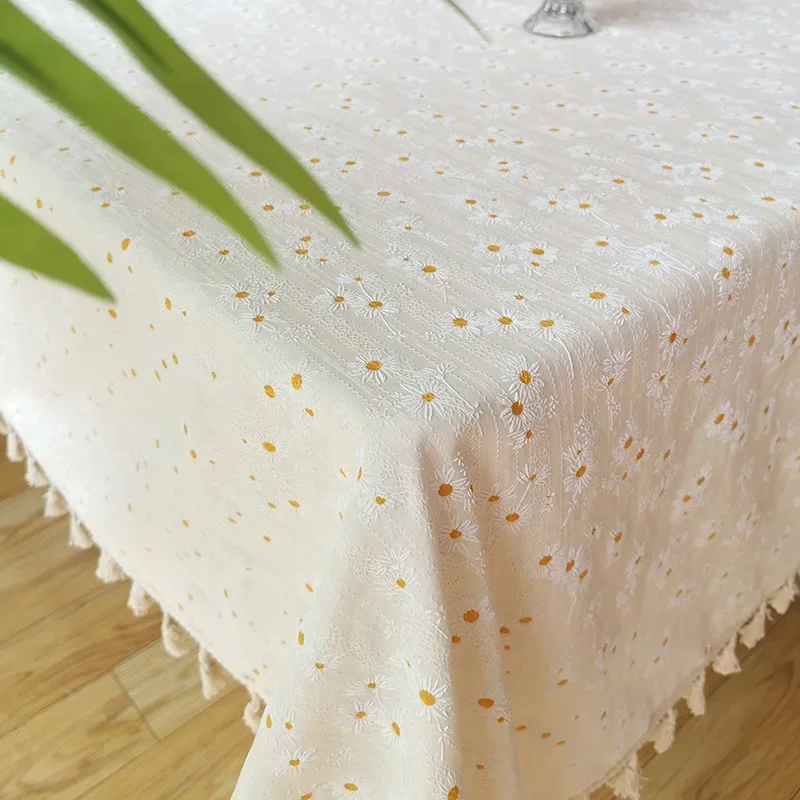 Cotton Blend Tablecloth Beige Floral Printed Washable Farmhouse Table Cover for Wedding Party Living Room Baby Shower Decoration