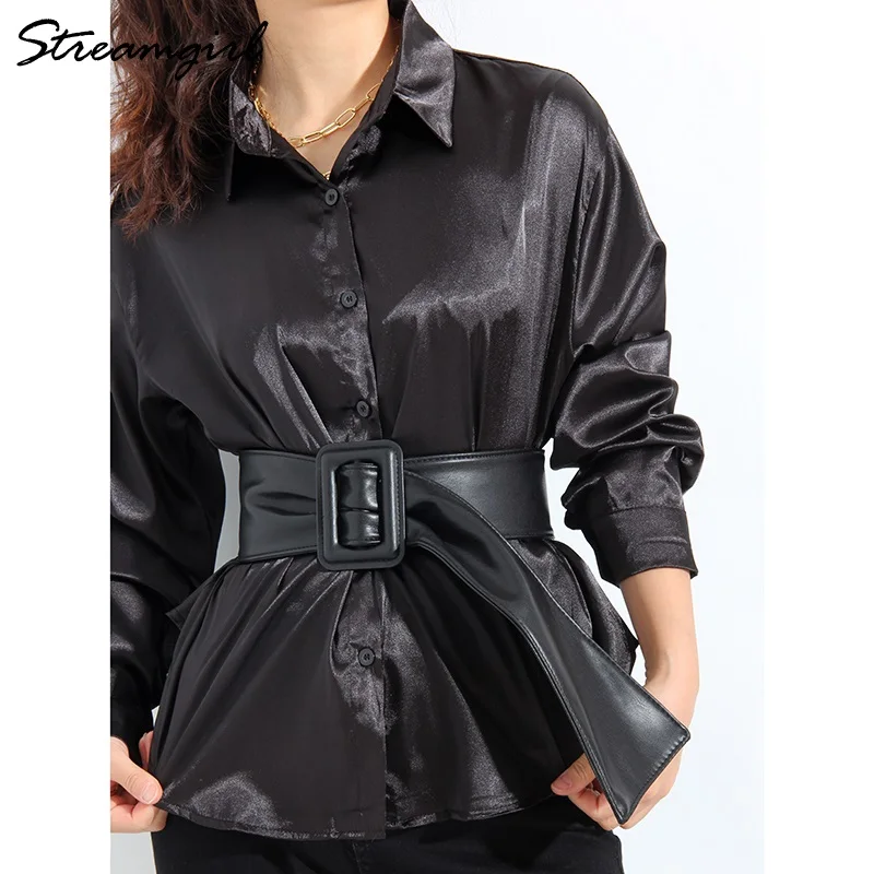 Elegant Satin Solid Long Sleeve Blouses Women 2022 Women\'s Shirt Simple Design Loose Imitation Silk Oversized Shirts For Women