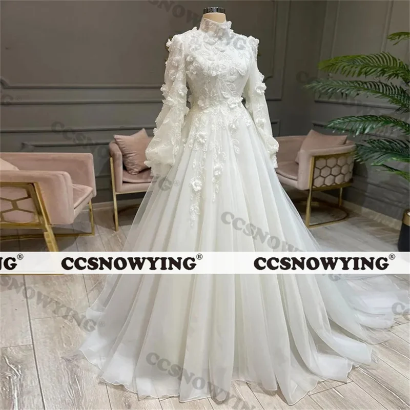 Fashion Appliques Beaded Muslim Wedding Dress for Bride Long Sleeve Islamic Bridal Gowns High Neck Women Arabic Robe De Mariée