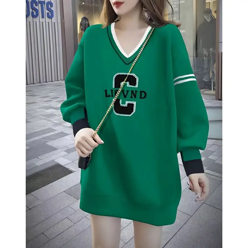 2025 New Autumn Winter Clothes Gray V-neck Pullover Women's Loose Jacket All-match Long Sleeve T Shirt Casual Fashion Tops Women