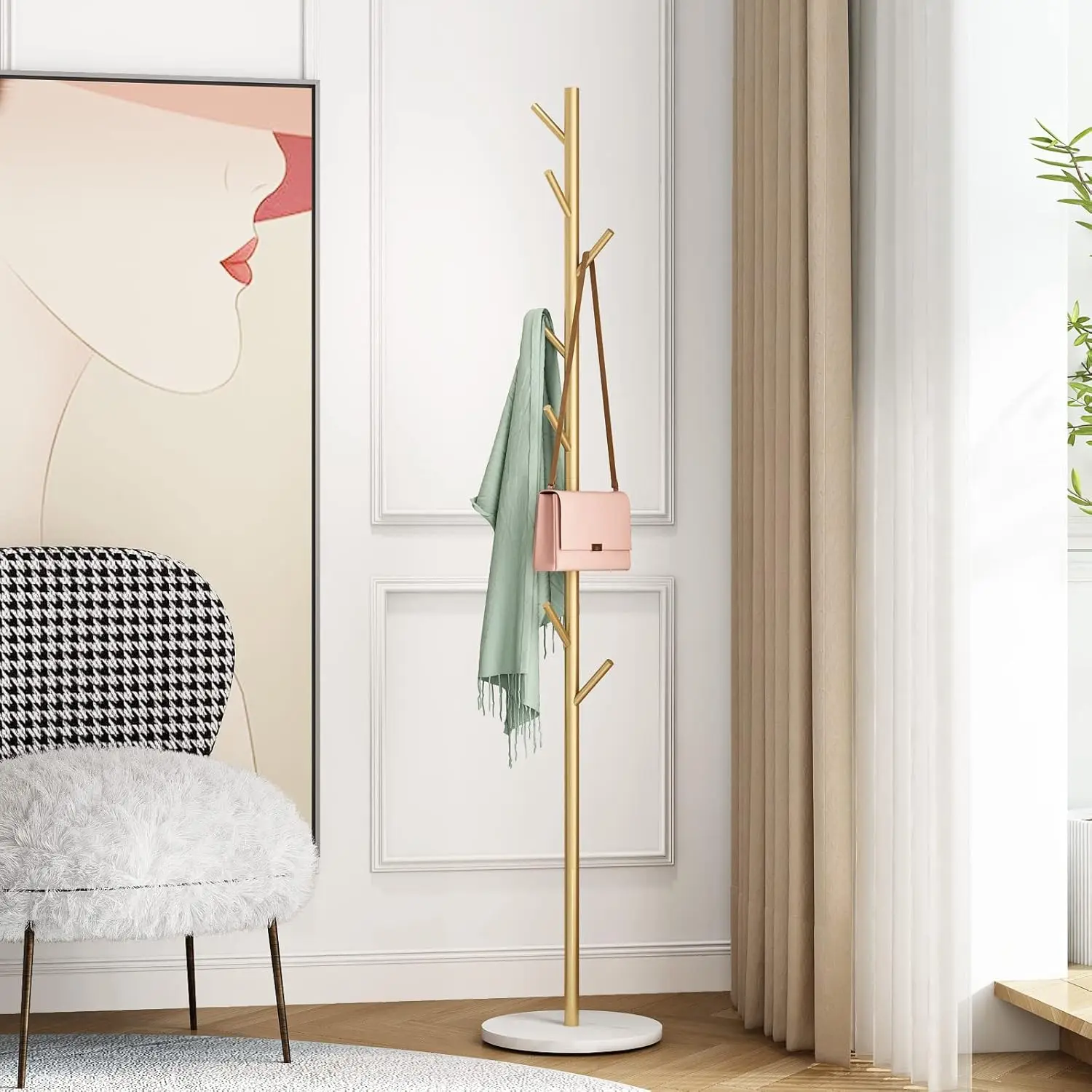 

Freestanding Metal Coat Rack with Marble Base, Hooks for Clothes Hats Bags Entryway Organizer