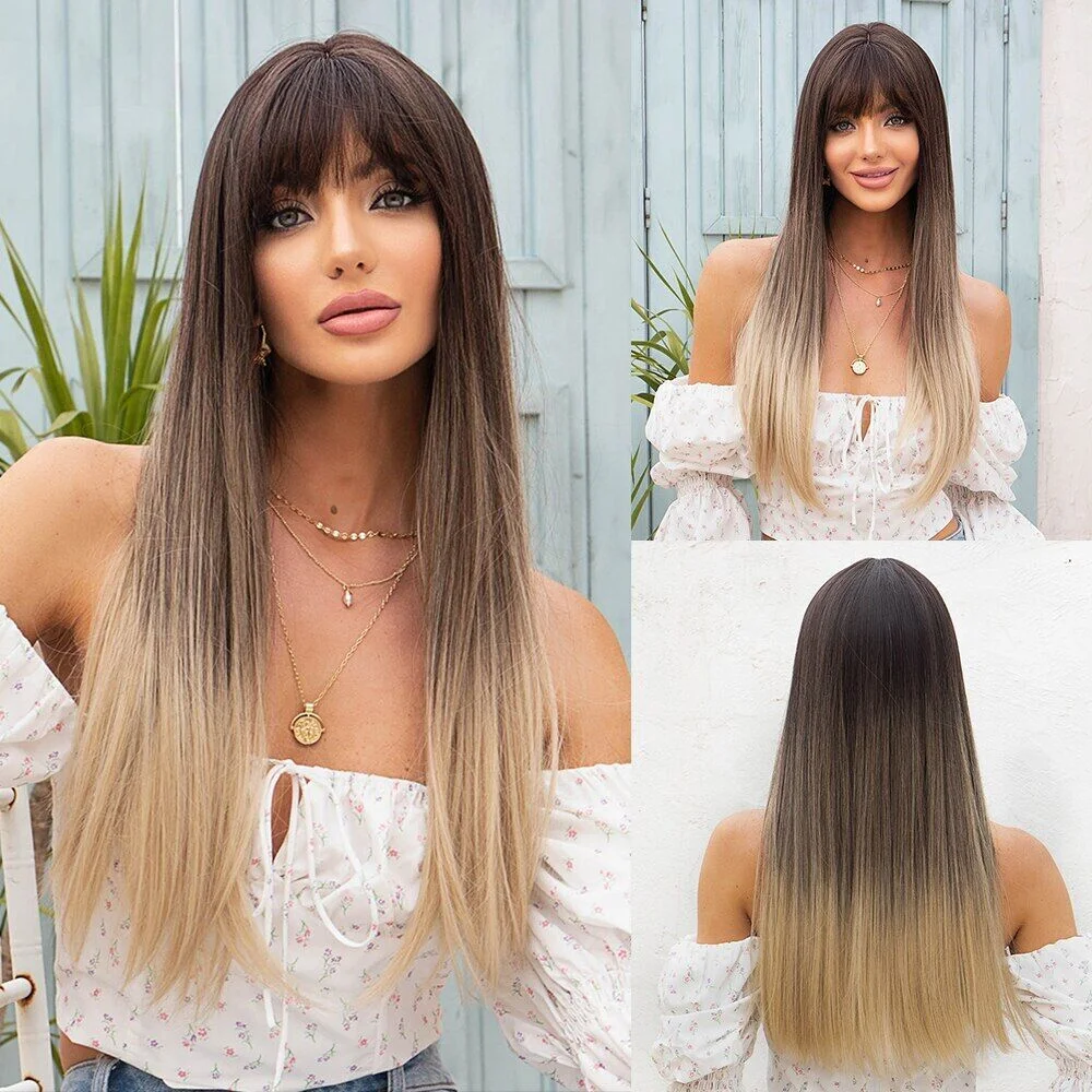 

Long Straight Wig Ombre Brown Synthetic Women Natural Wigs with Bangs